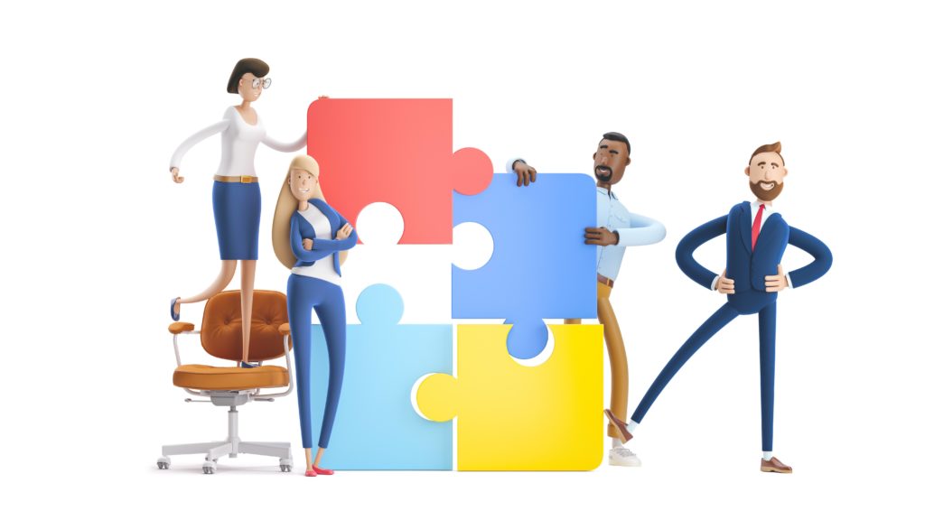 People connecting puzzle elements. 3d illustration. Cartoon characters. Business teamwork concept on white background.