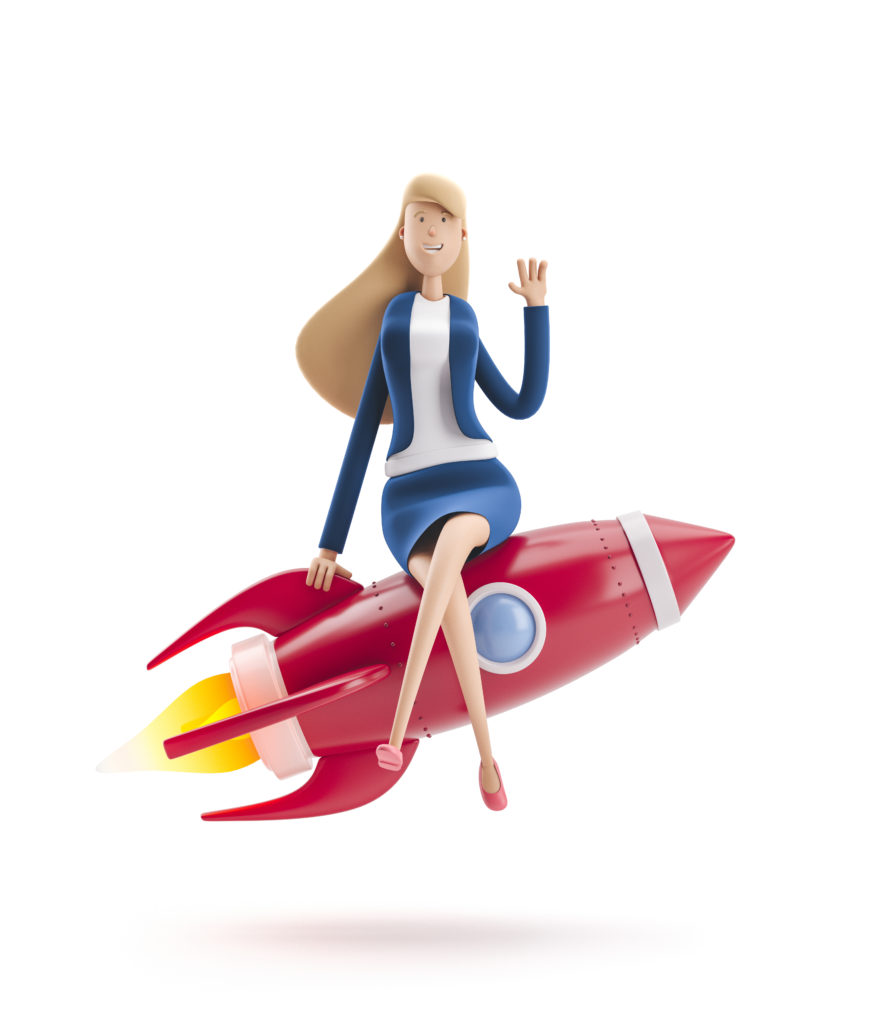 3d illustration. Young business woman Emma with rocket on a white background. Business concept career boost, start up and growth Pep's développement
